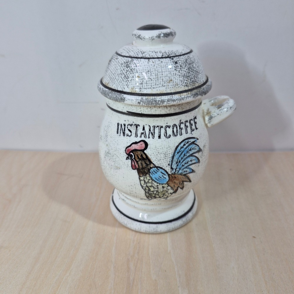 Viking Hand Made Instant Coffee Jar Rooster Ceramic Vintage Kitchen Decor‎